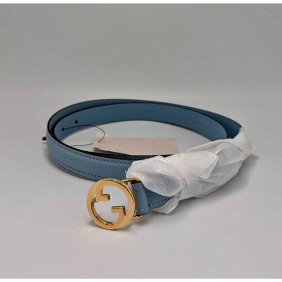 Gucci Women’s Blondie Ciny Interlocking Buckle Leather Belt Cloudy Blue 105cm 72 - Picture 2 of 9